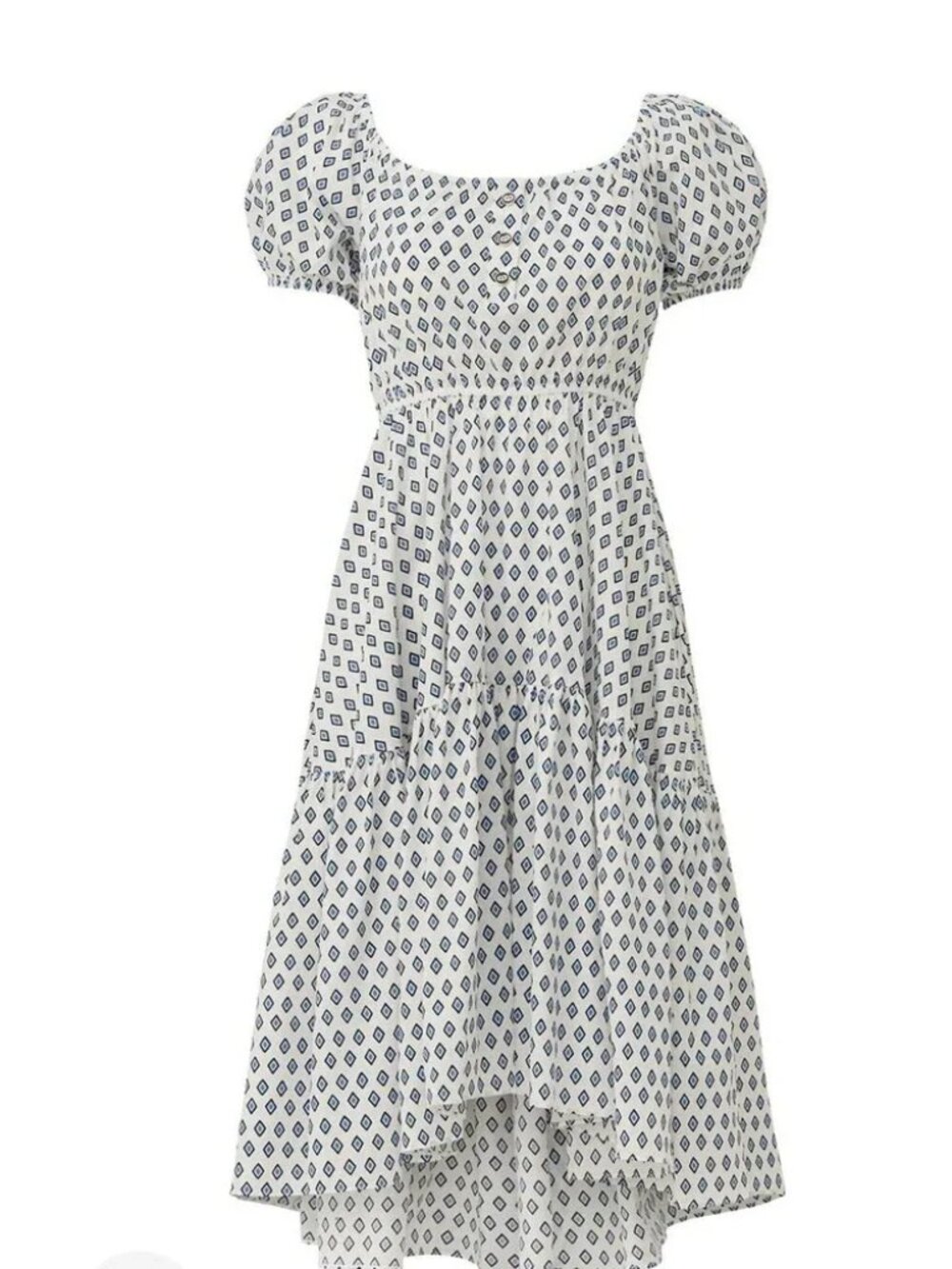 CAROLINE CONSTAS Bardot Flounce Dress Tiered skirt Midi Puff Sleeve Button Front